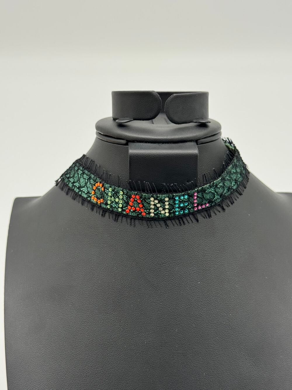 CHANEL Vintage Green Lace and Crystal Logo Choker Necklace